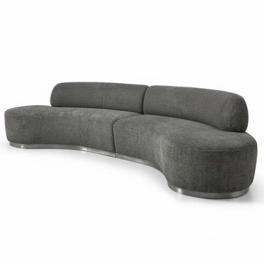 150" Dark Gray Bouclé Curved Perla Sofa with Pillows