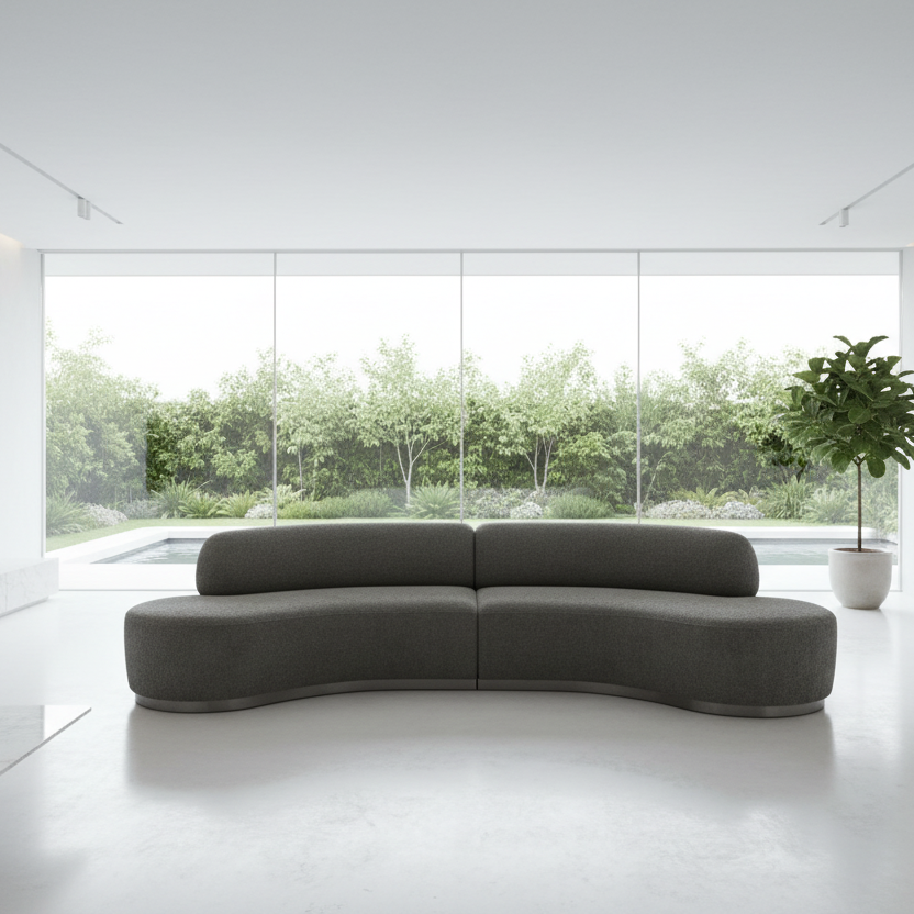 150" Dark Gray Bouclé Curved Perla Sofa with Pillows