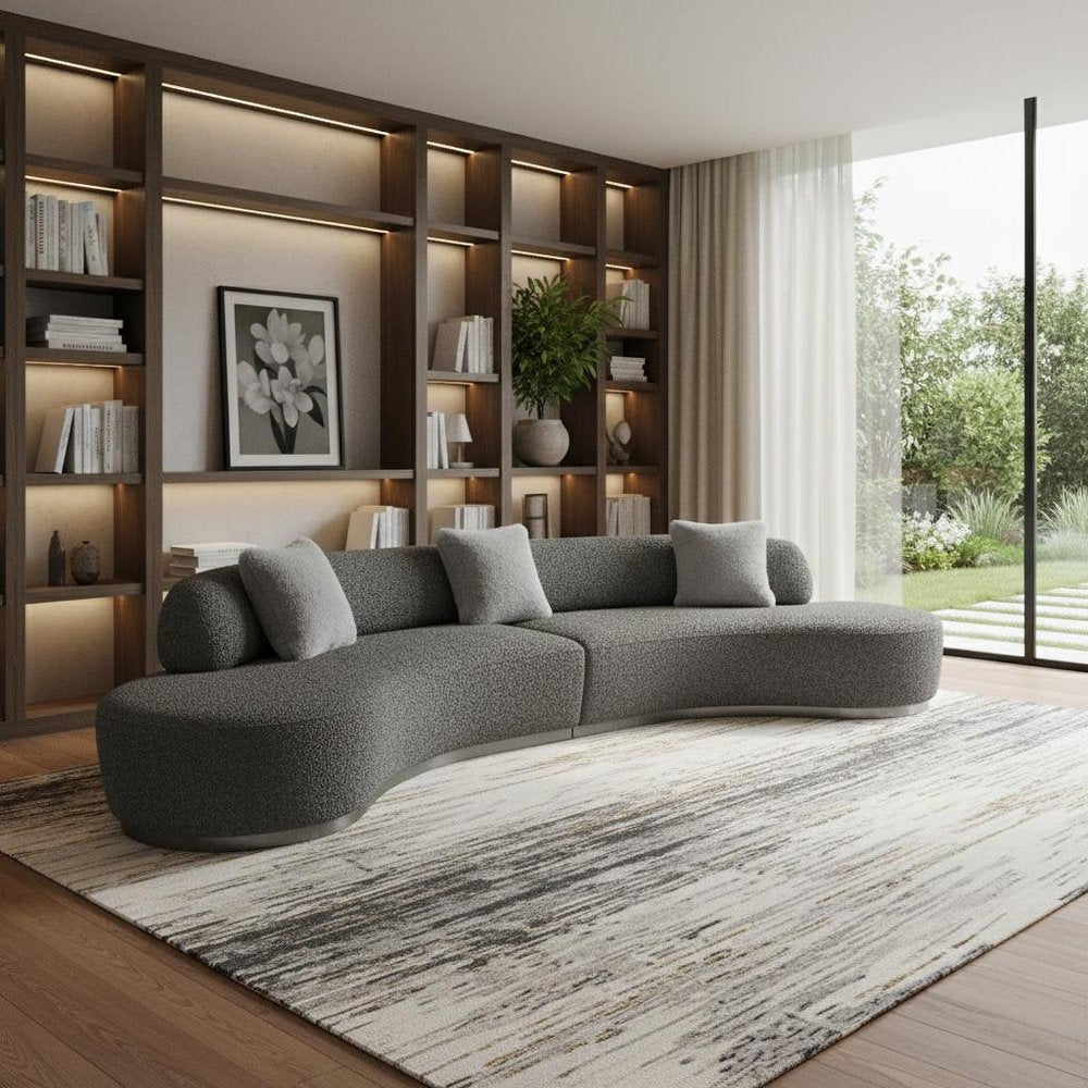 150" Dark Gray Bouclé Curved Perla Sofa with Pillows