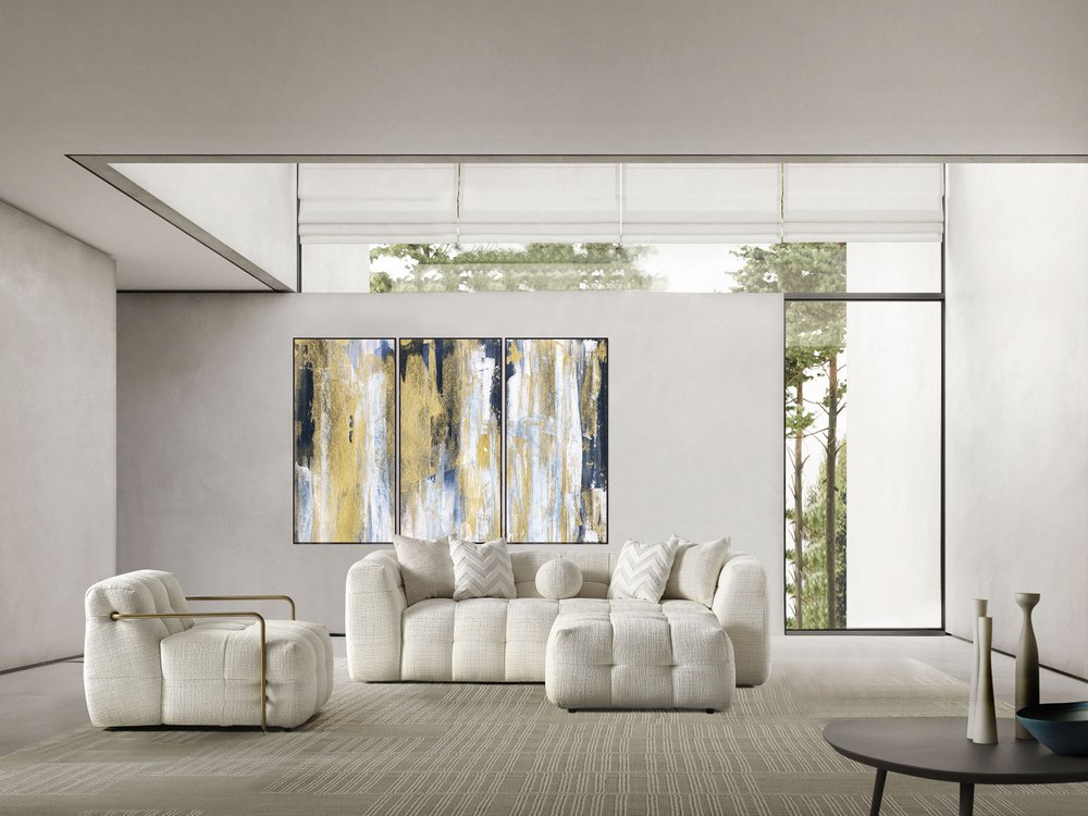 91" Ivory Blind Tufted Chenille Sofa with Toss Pillows