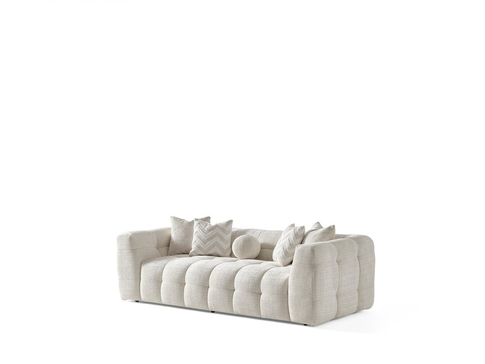 91" Beige Blind Tufted Chenille Sofa with Toss Pillows