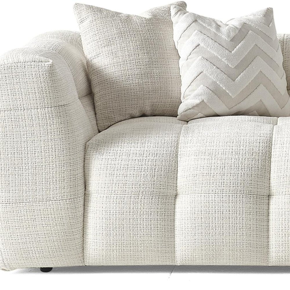 91" Ivory Blind Tufted Chenille Sofa with Toss Pillows