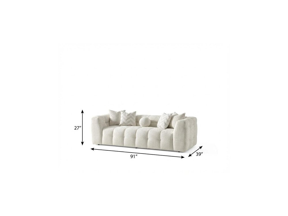 91" Ivory Blind Tufted Chenille Sofa with Toss Pillows