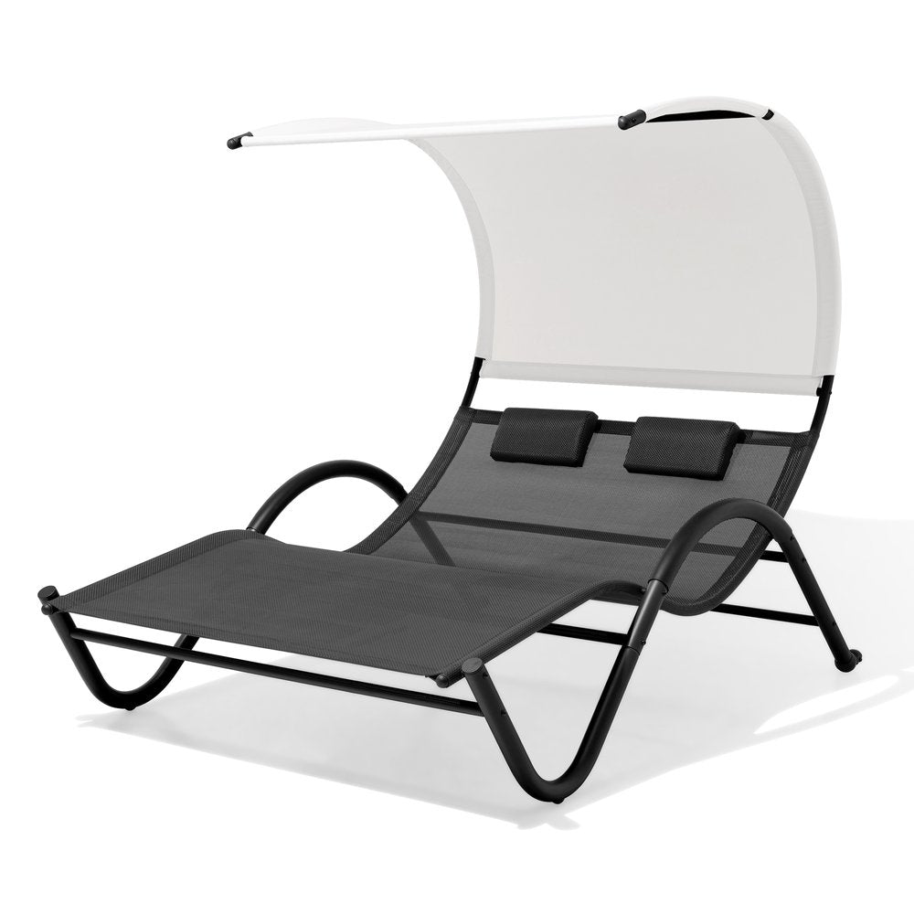 73" Black Outdoor Sling Chaise Lounge with Canopy