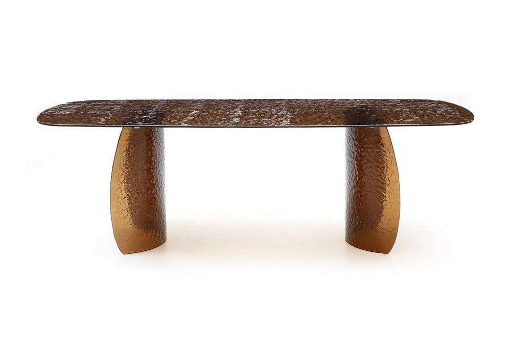 94" Bronze Glass Curved Pedestal Dining Table