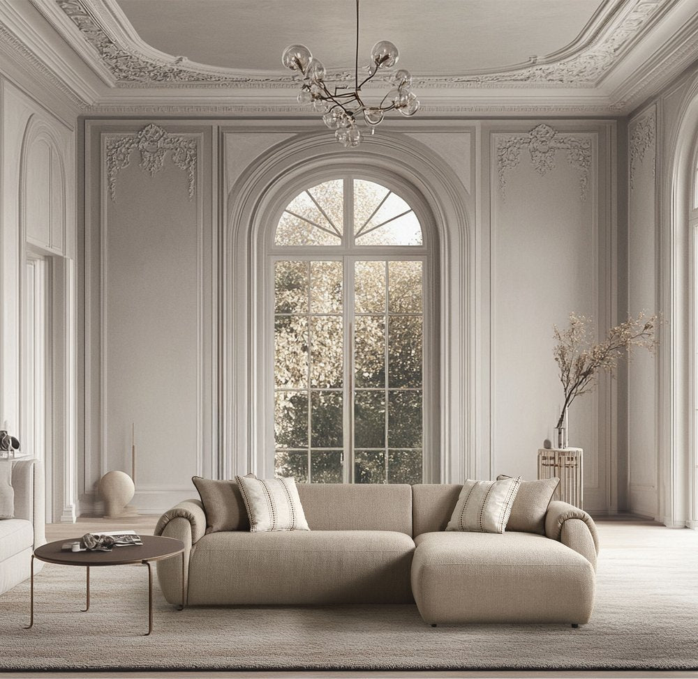 110" Taupe Bouclé Flore Chaise Sectional with Pillows