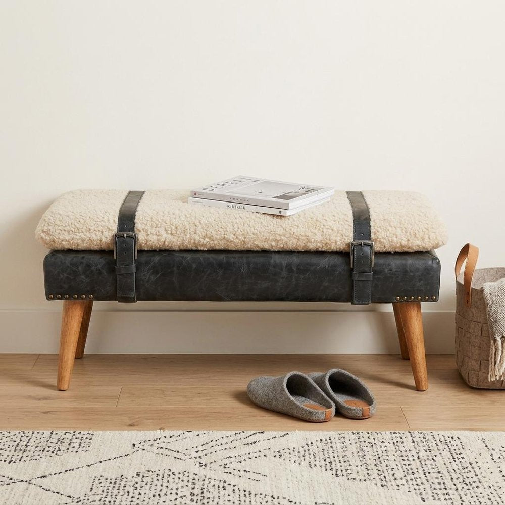 35" Bouclé and Leather Wood Upholstered Bench