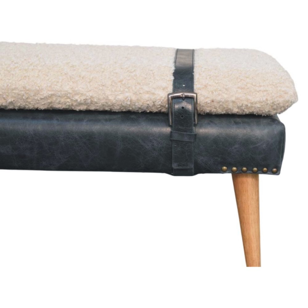 35" Bouclé and Leather Wood Upholstered Bench