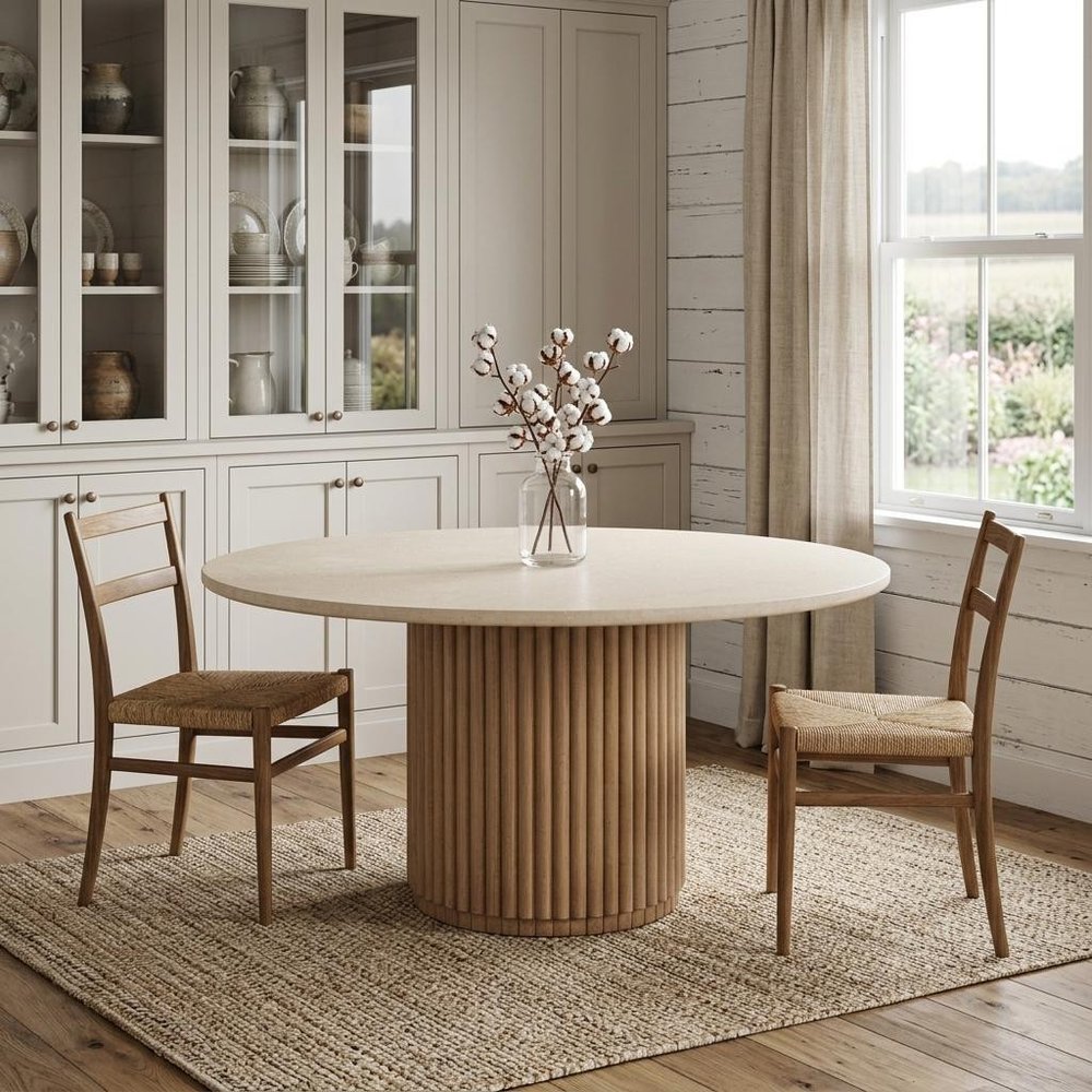 60" Fluted Wood and Marble Pedestal Dining Table
