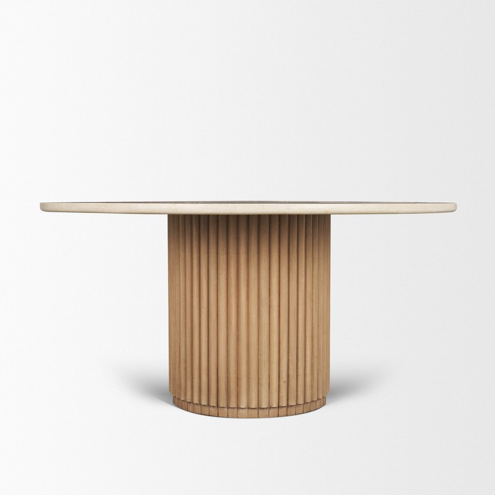 60" Fluted Wood and Marble Pedestal Dining Table