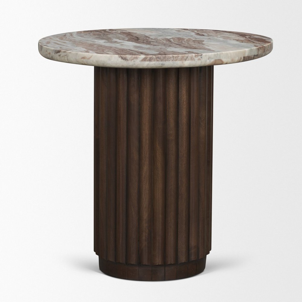 24" Pink and Espresso Marble Wood Fluted Pedestal Table
