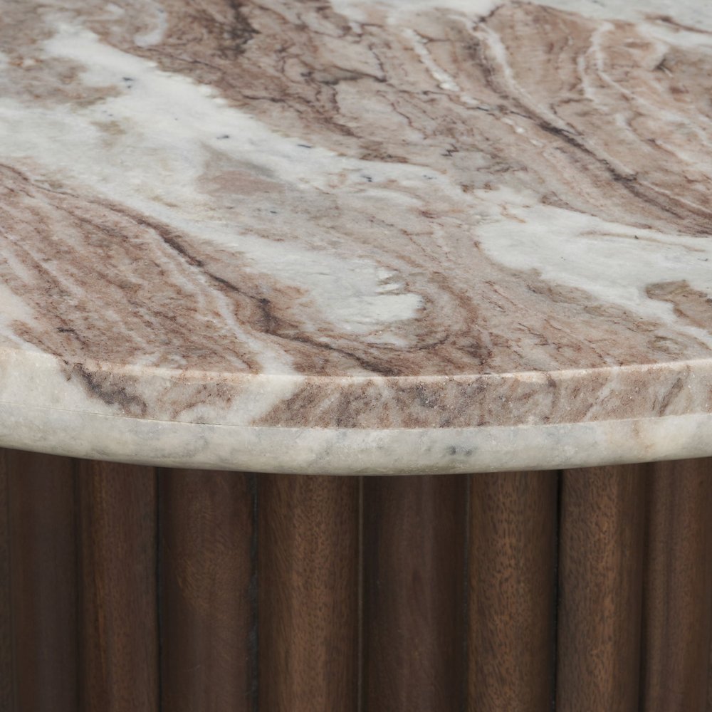 24" Pink and Espresso Marble Wood Fluted Pedestal Table