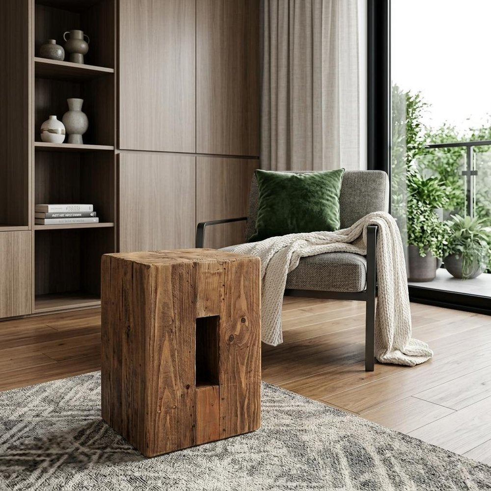 17" Brown Distressed Solid Wood Square Pedestal End Table With Shelf