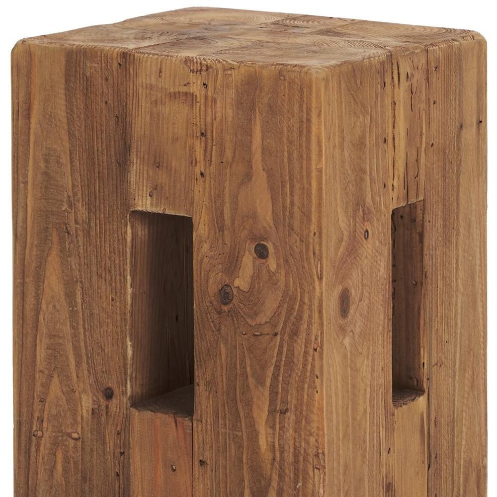 17" Brown Distressed Solid Wood Square Pedestal End Table With Shelf