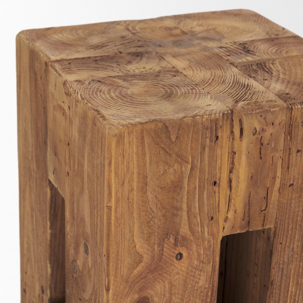 17" Brown Distressed Solid Wood Square Pedestal End Table With Shelf