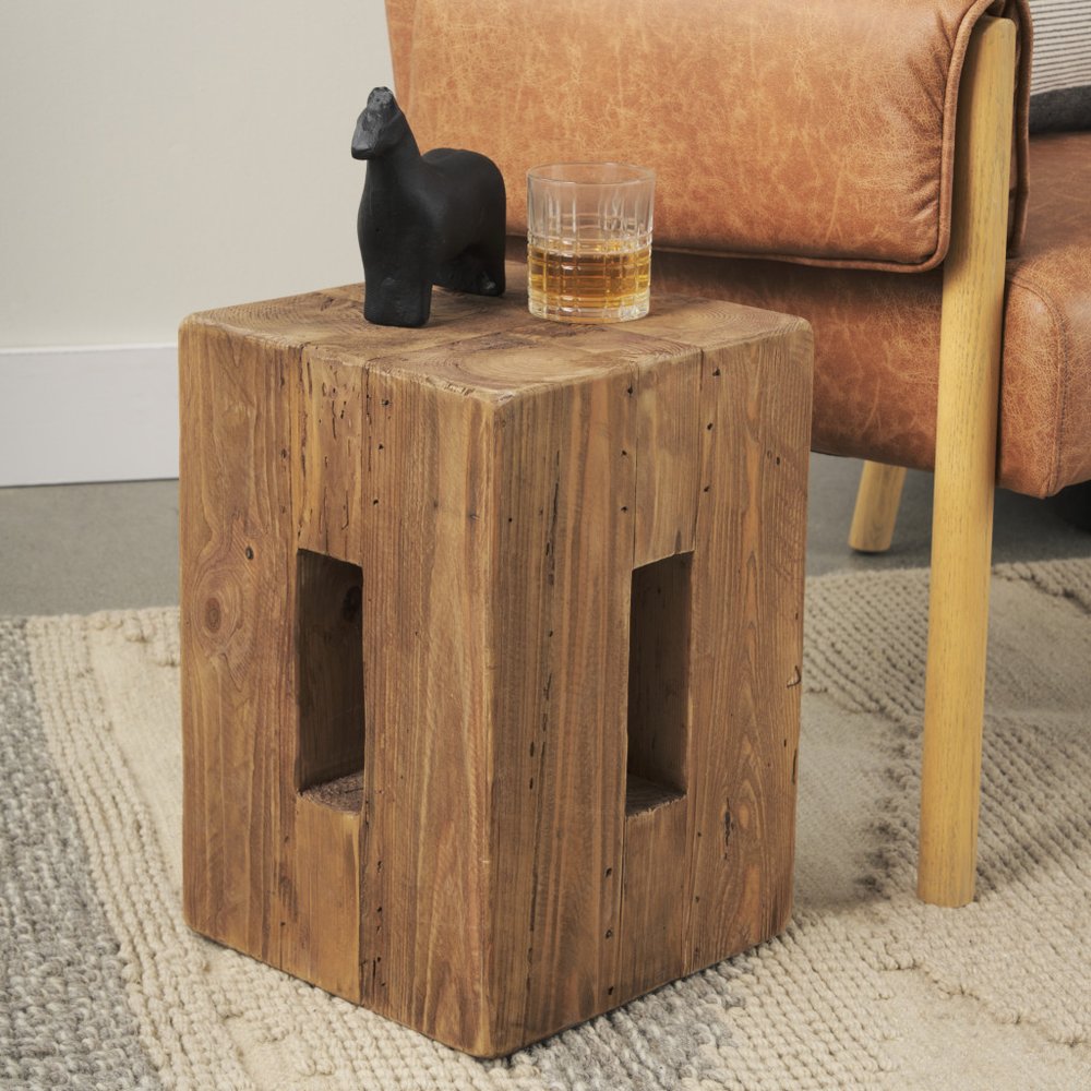 17" Brown Distressed Solid Wood Square Pedestal End Table With Shelf