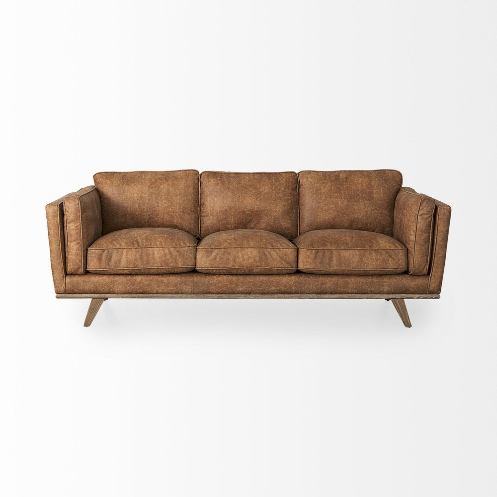 90" Brown Faux Leather Mid-Century Sofa