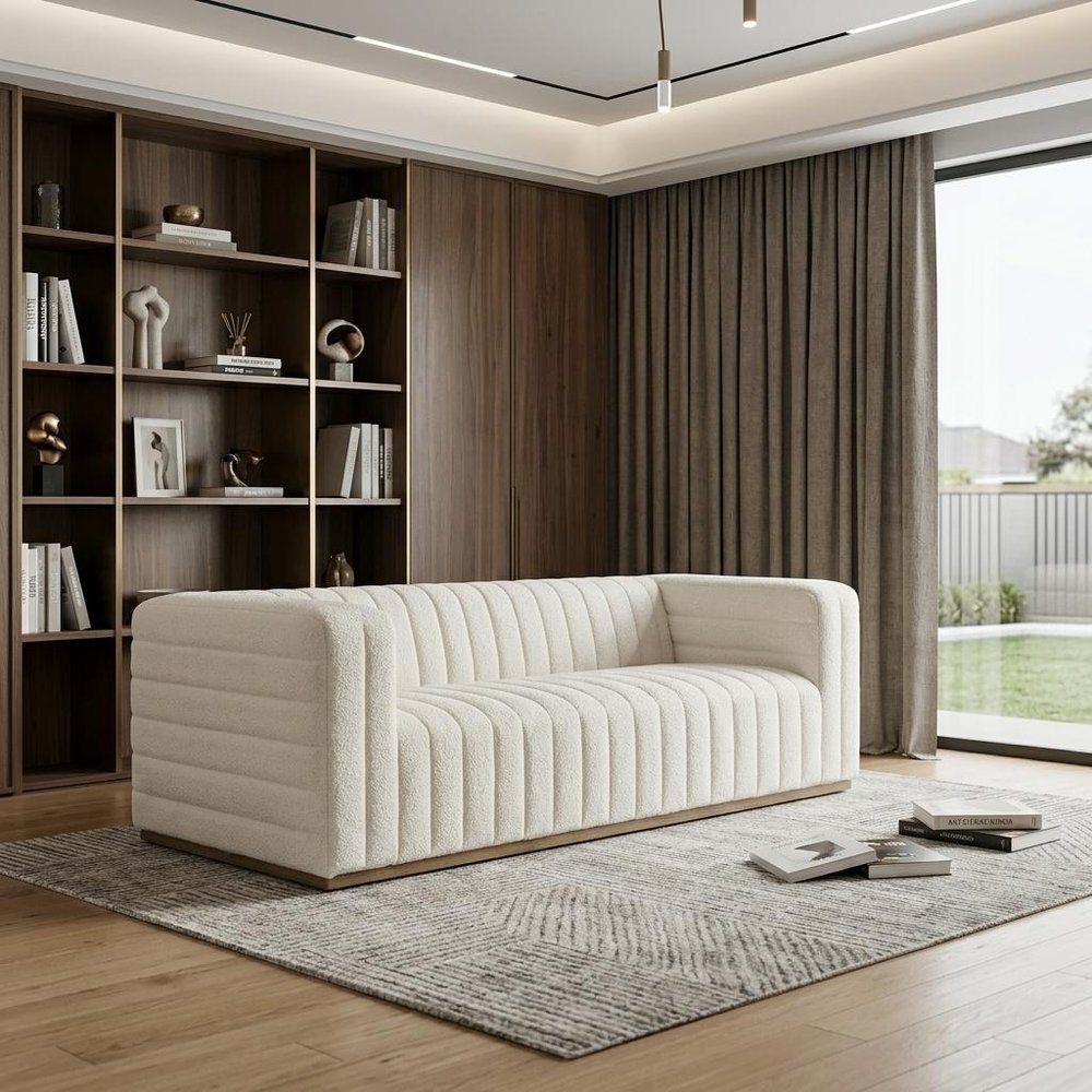 86" Cream Bouclé Tufted Scandinavian Tuxedo Sofa