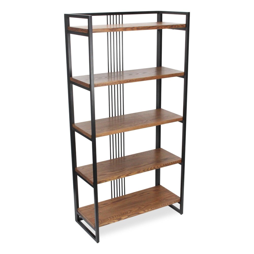 30" Brown Metal and Wood Five Tier Etagere Bookcase
