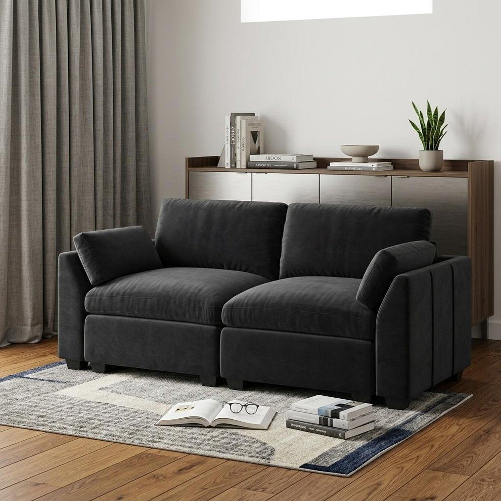 75" Beige and Black Velvet Modular Loveseat