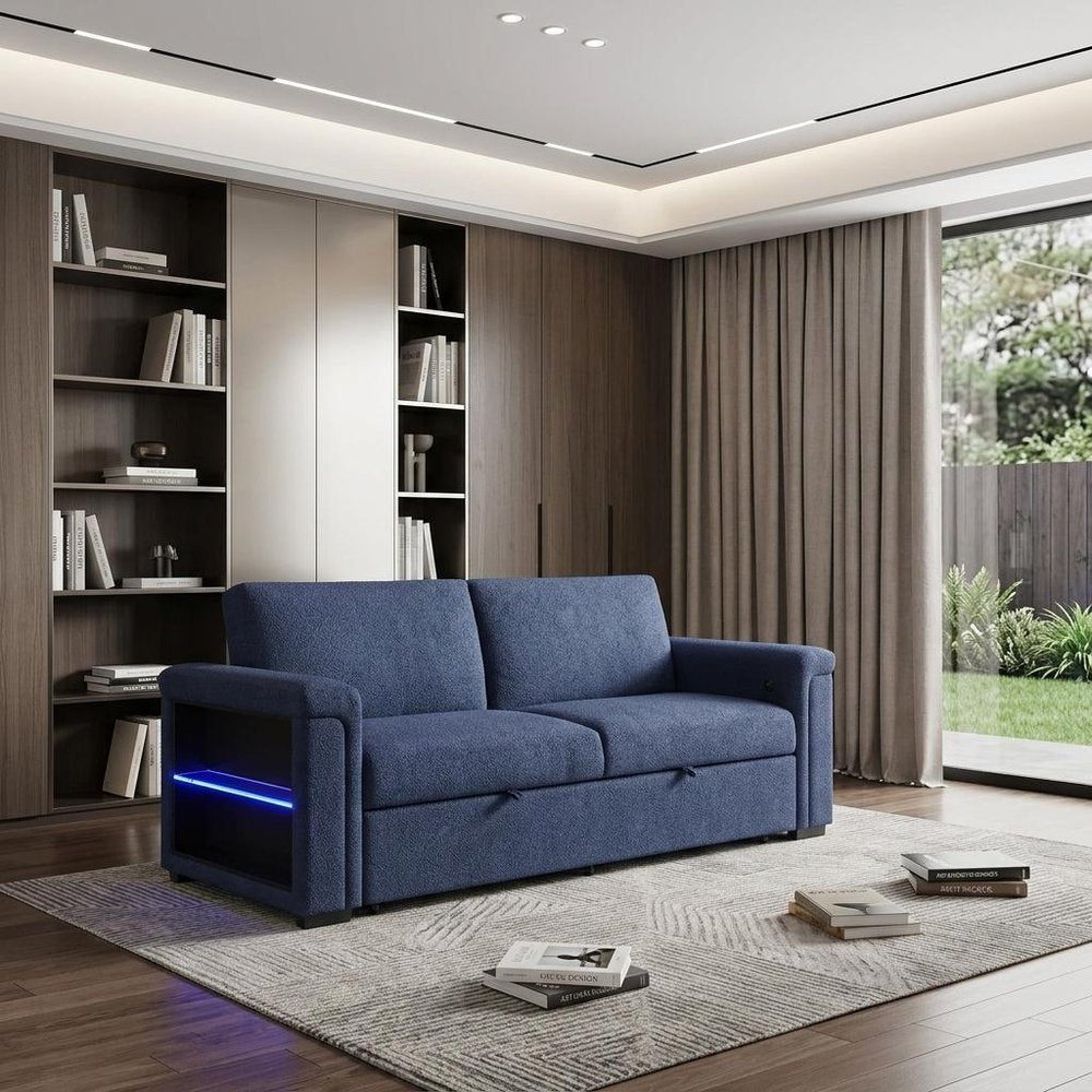 85" Navy Blue Sleeper Sofa with Storage