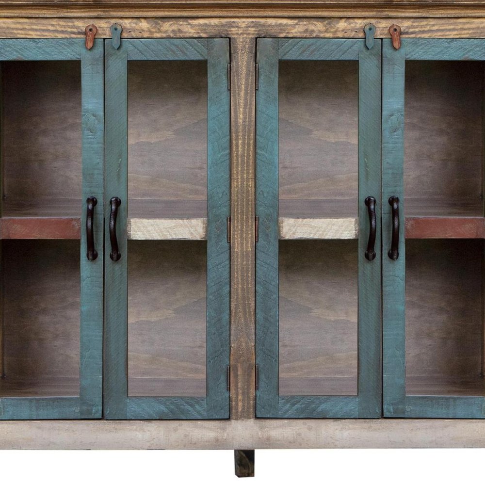 51" Red, Brown, and Blue Distressed Wood Sideboard