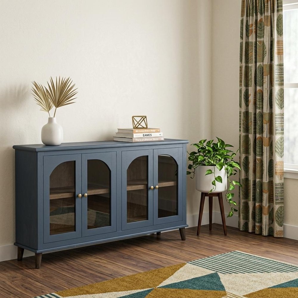 71" Distressed Wood Sideboard with Arched Glass Doors