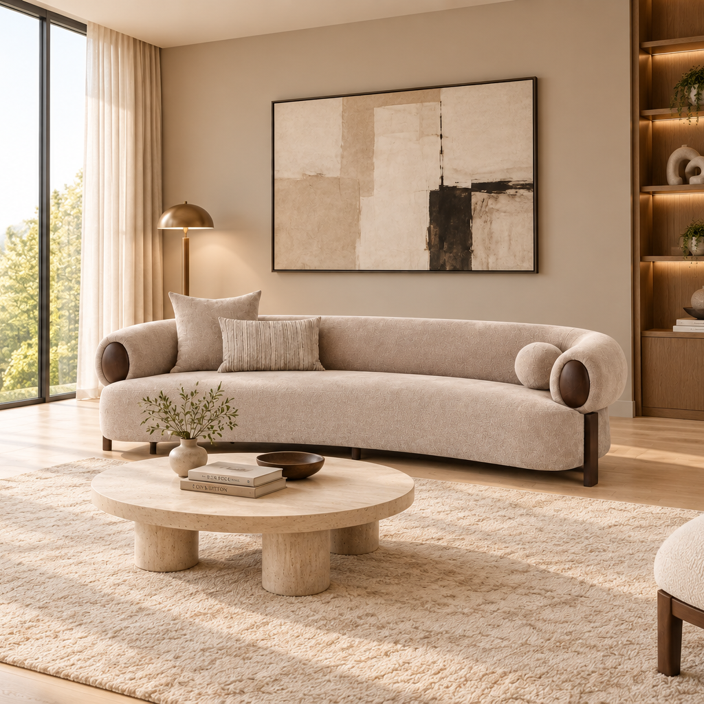 98" Taupe Curved Open Arm Sofa