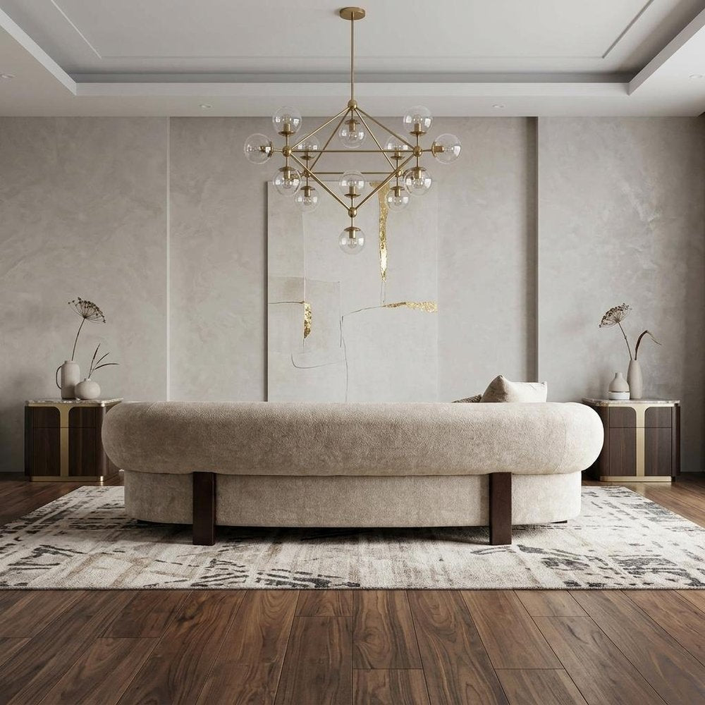 98" Taupe Curved Open Arm Sofa