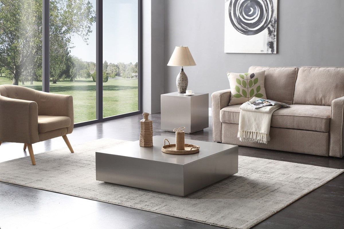 35" Brushed Silver Stainless Steel Square Coffee Table