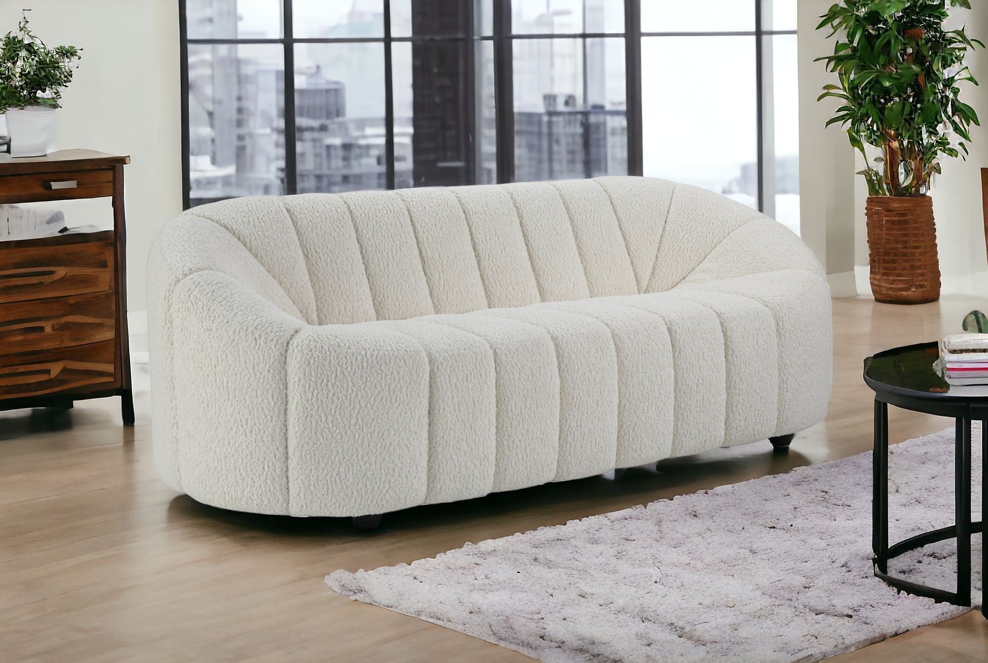 84" White Indented Modern Sherpa Sofa