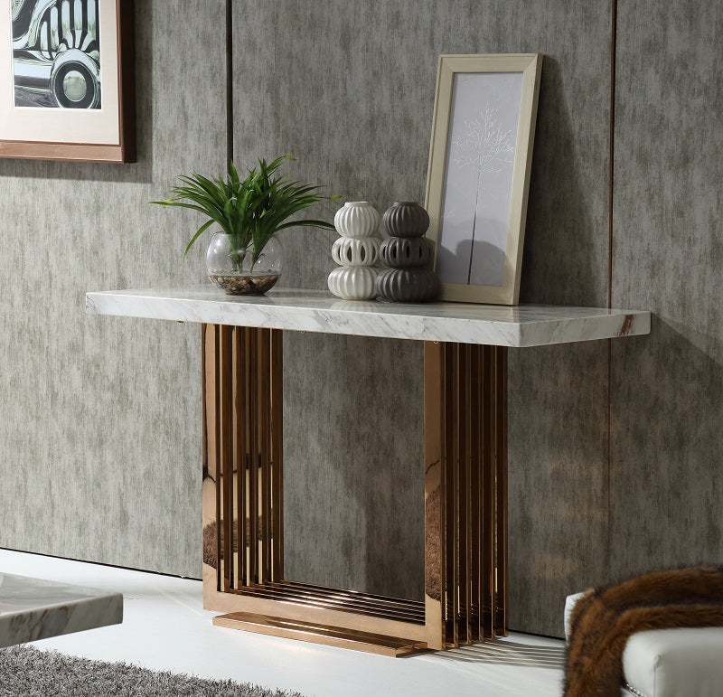 59" Rosegold Marble And Metal Console Table