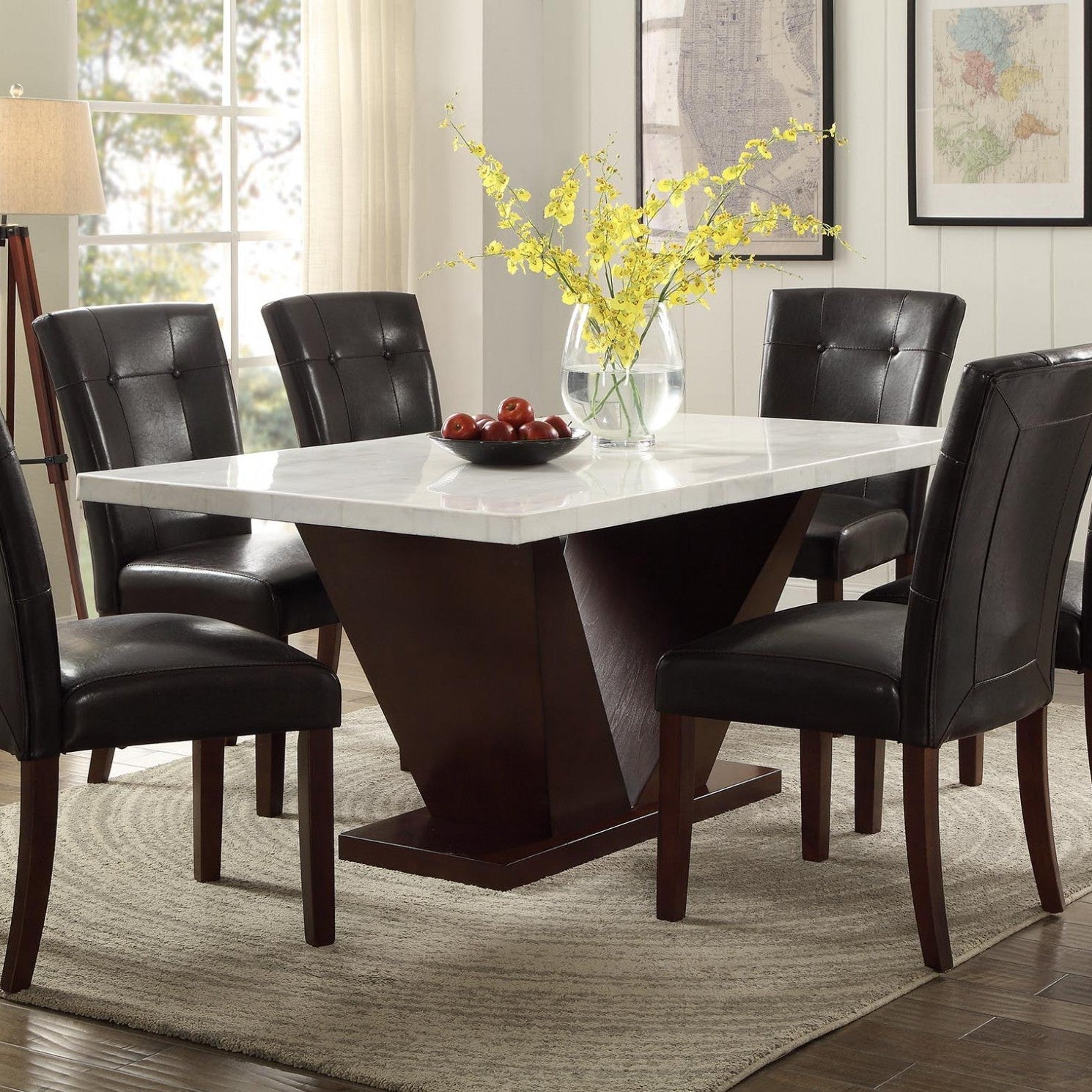 64" White Marble And Walnut Dining Table