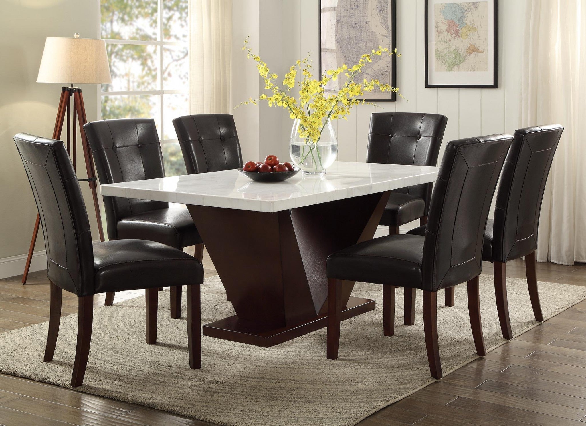 64" White Marble And Walnut Dining Table