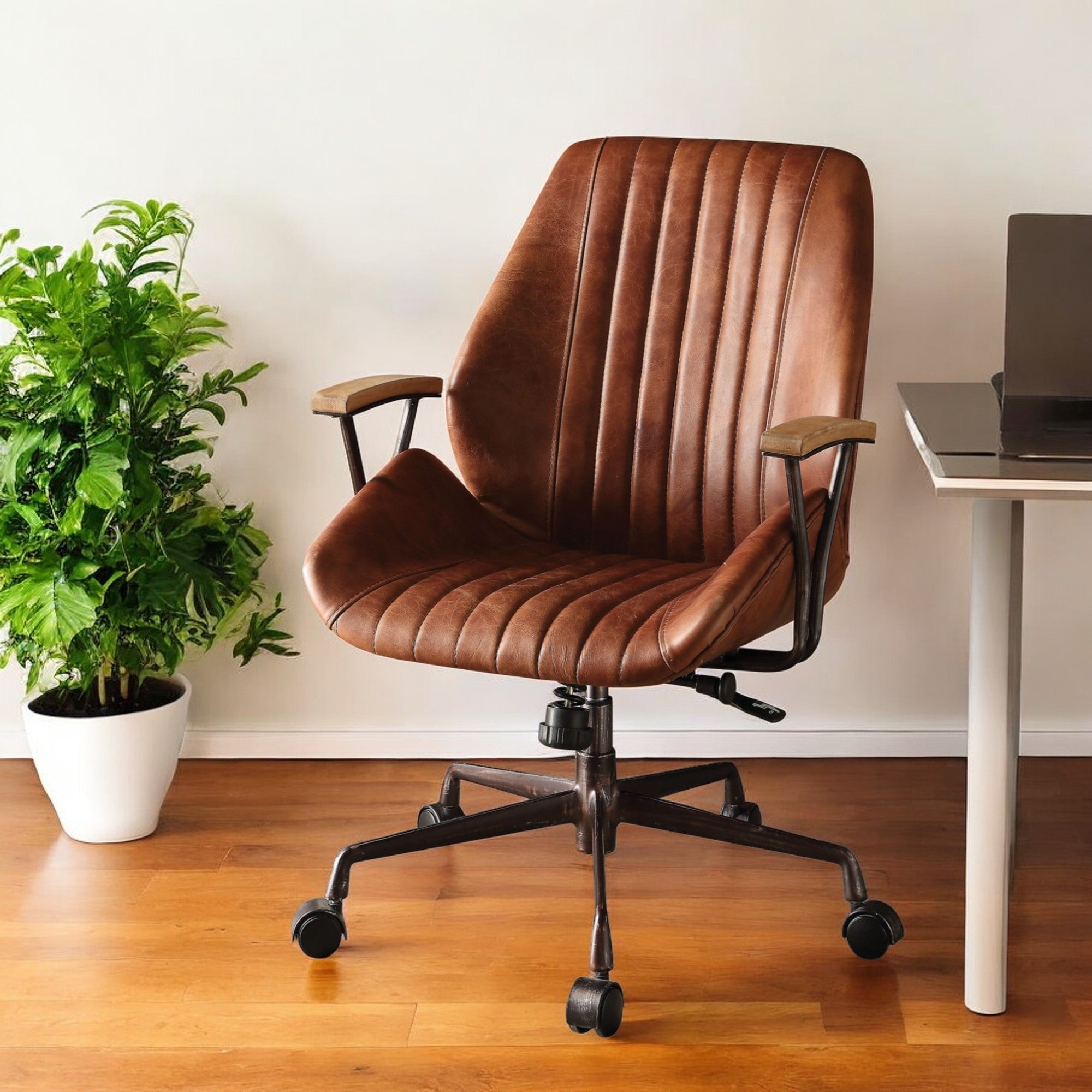 24" Brown Leather Channel Office Chair