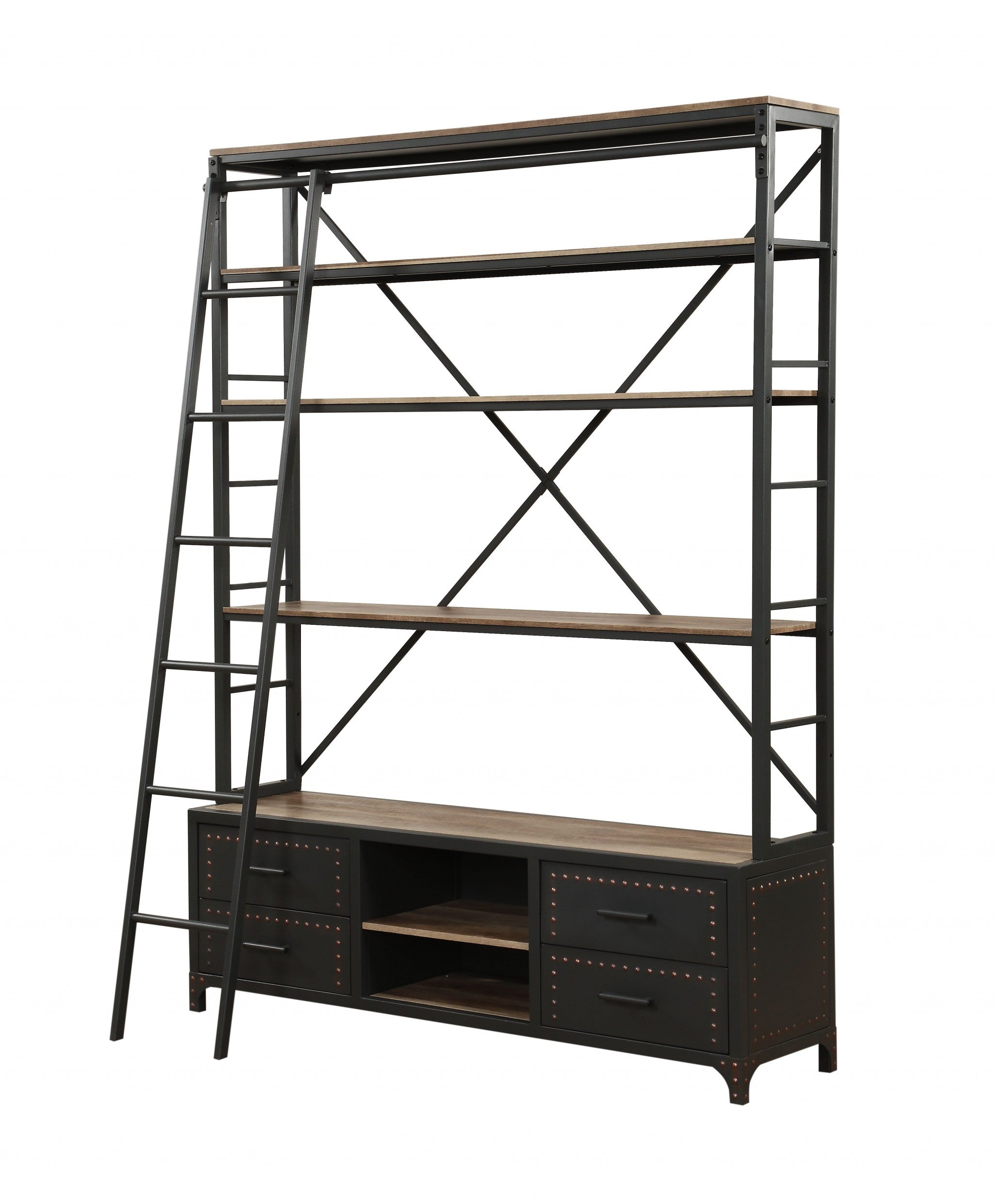 64" Dark Gray Metal Bookcase with Ladder