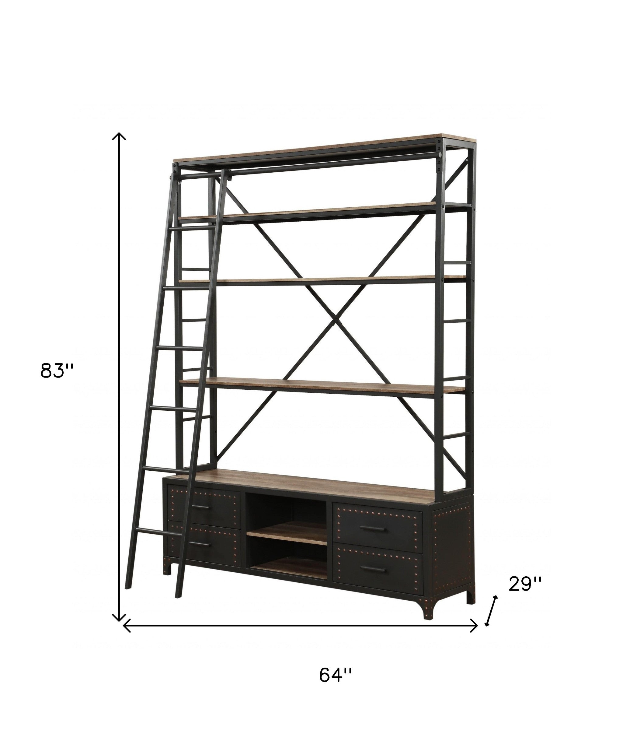 64" Dark Gray Metal Bookcase with Ladder