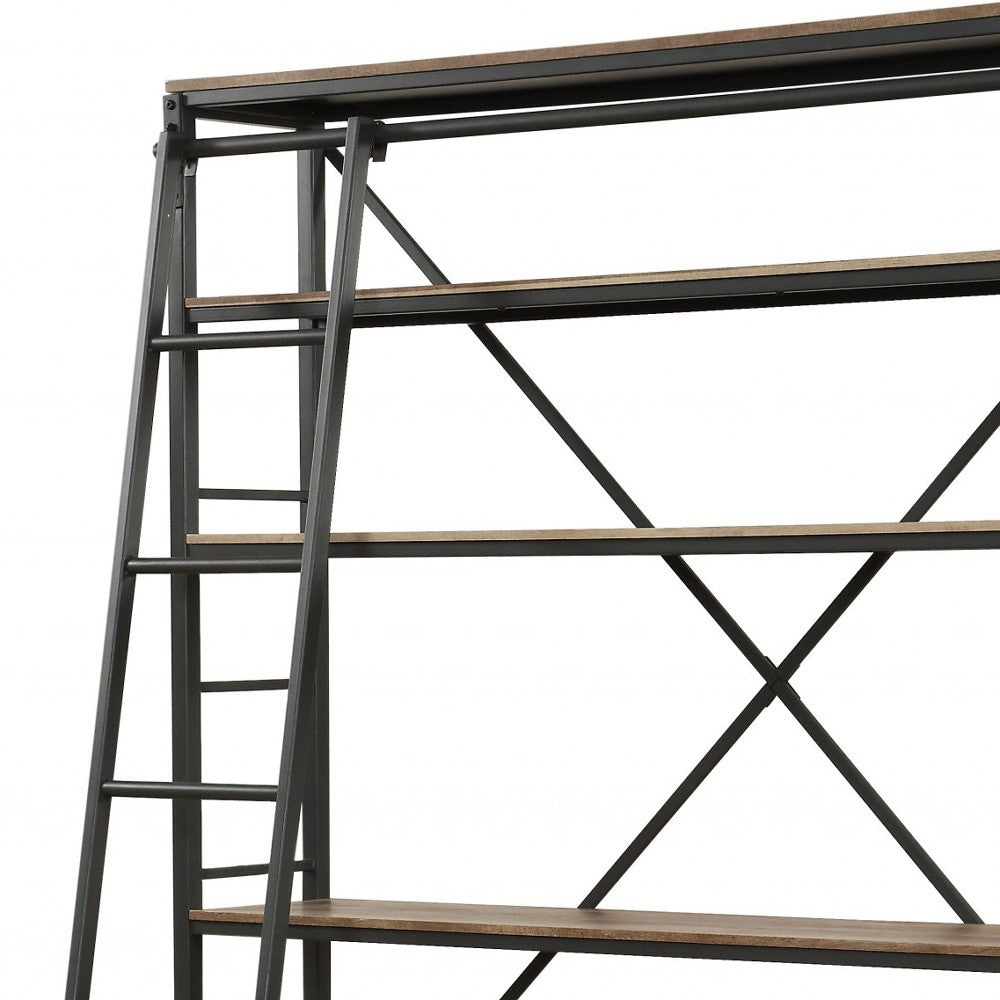 64" Dark Gray Metal Bookcase with Ladder