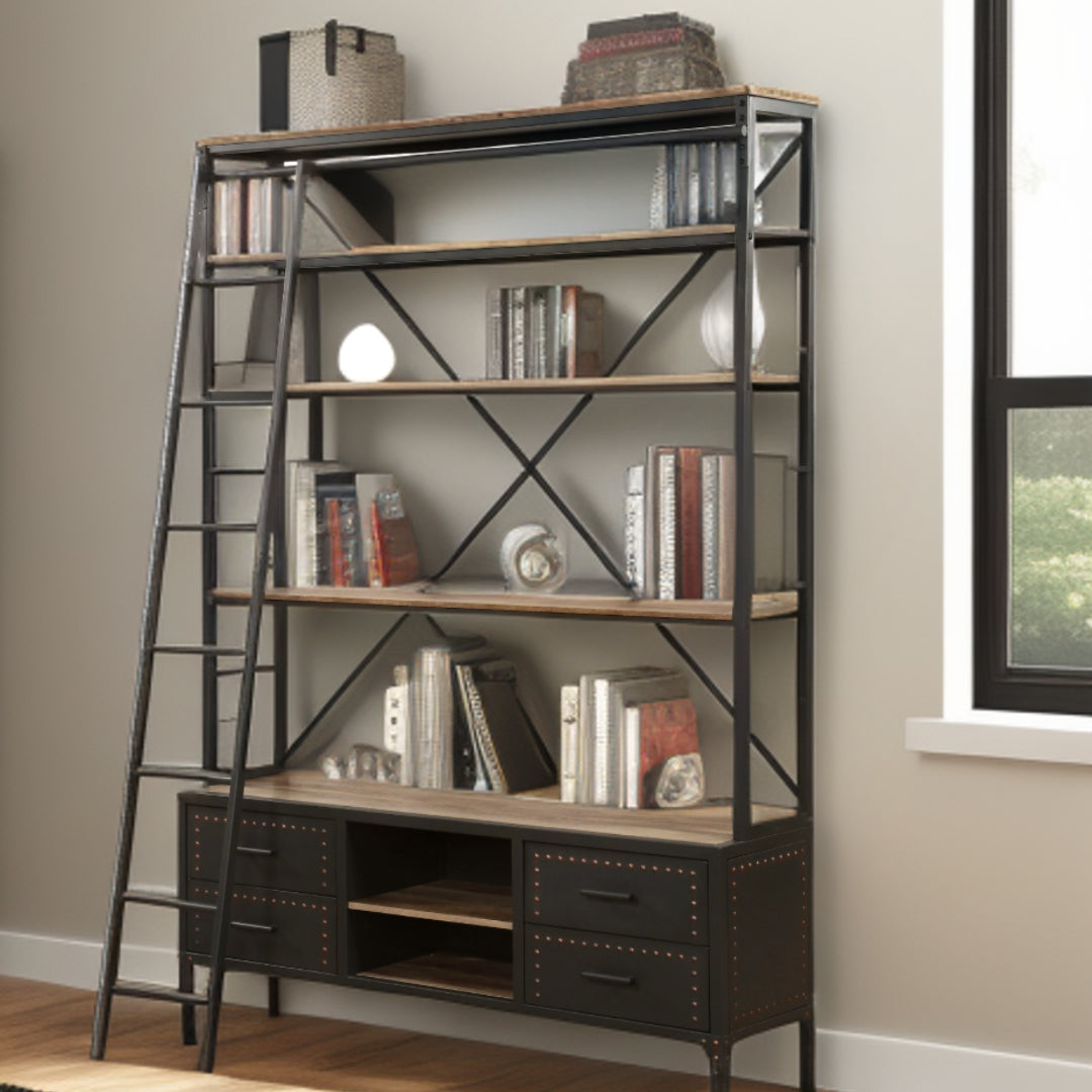 64" Dark Gray Metal Bookcase with Ladder