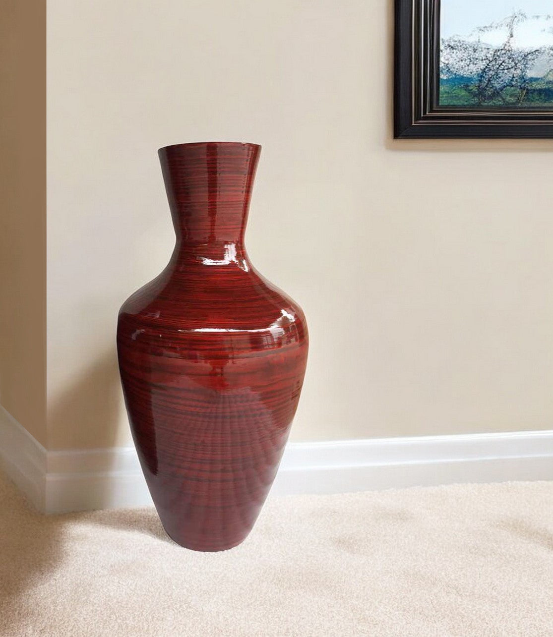 30" Red Lacquered Spun Bamboo Floor Vase