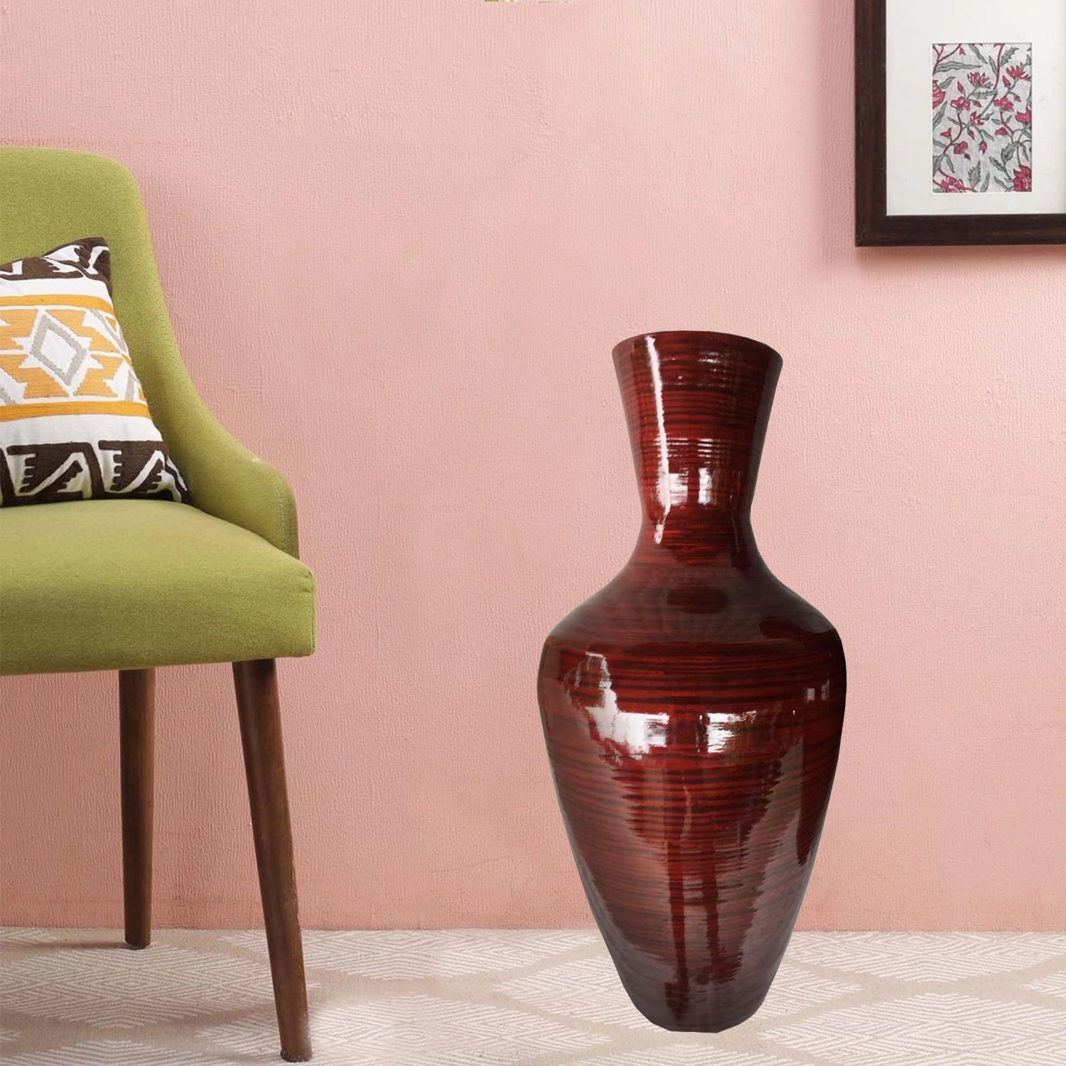 30" Red Lacquered Spun Bamboo Floor Vase