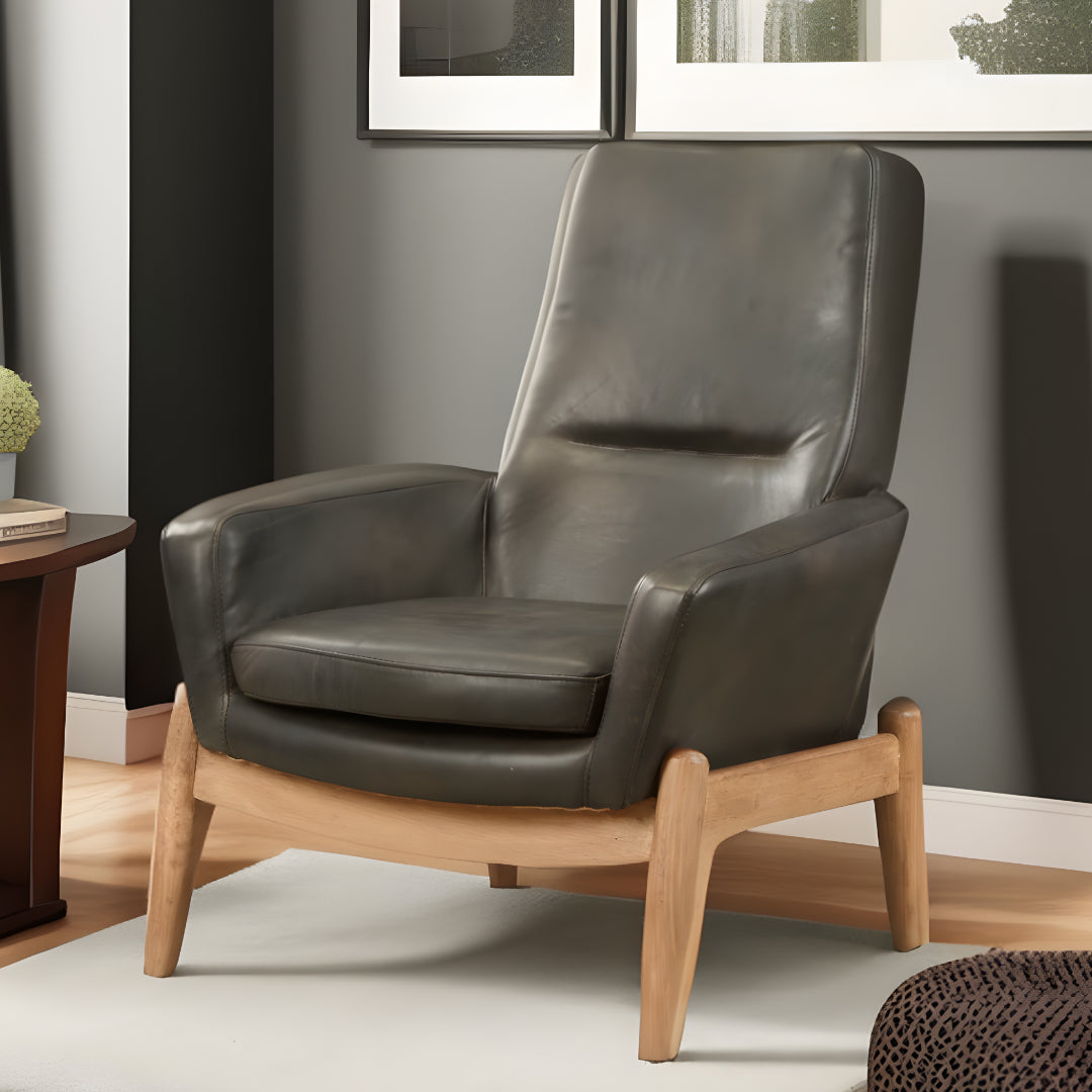 30" Brown Leather and Wood Armchair