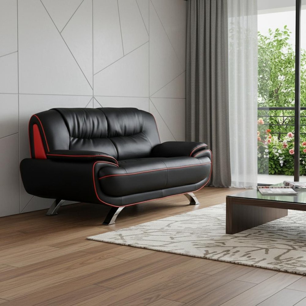 64" Black Faux Leather Modern Pillow Loveseat