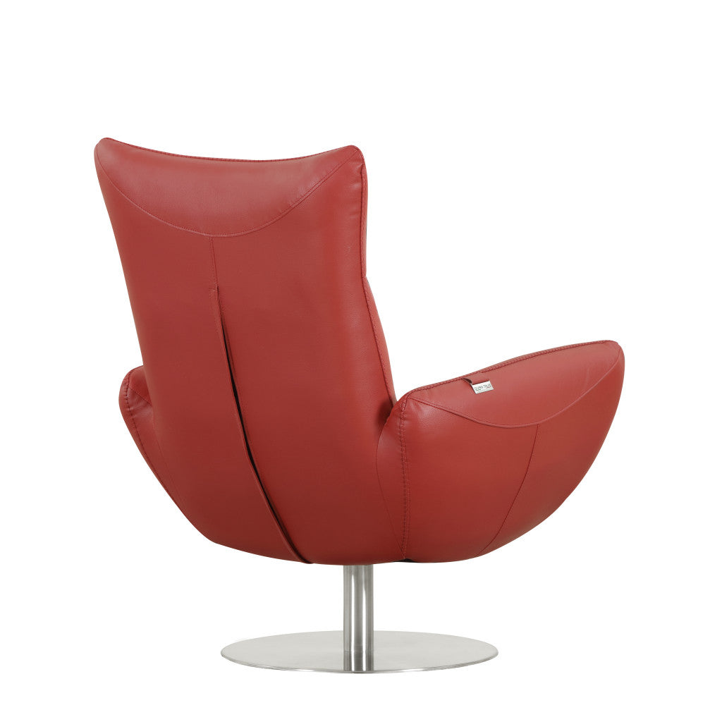 37" Orange And Silver Genuine Leather Lounge Chair