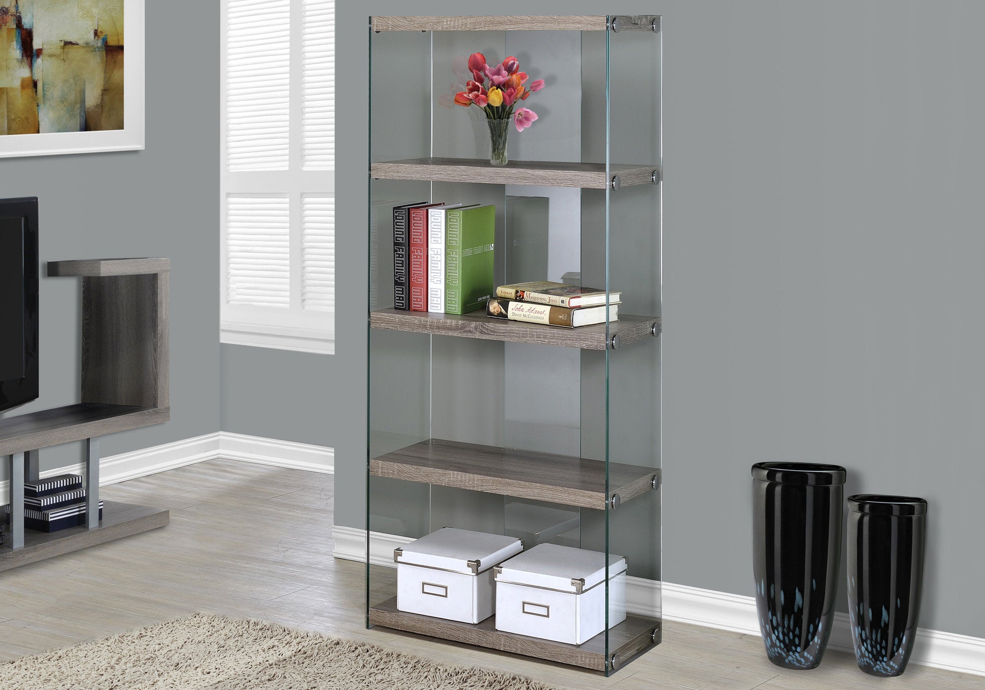 58" Glass and Wood Etagere Bookcase