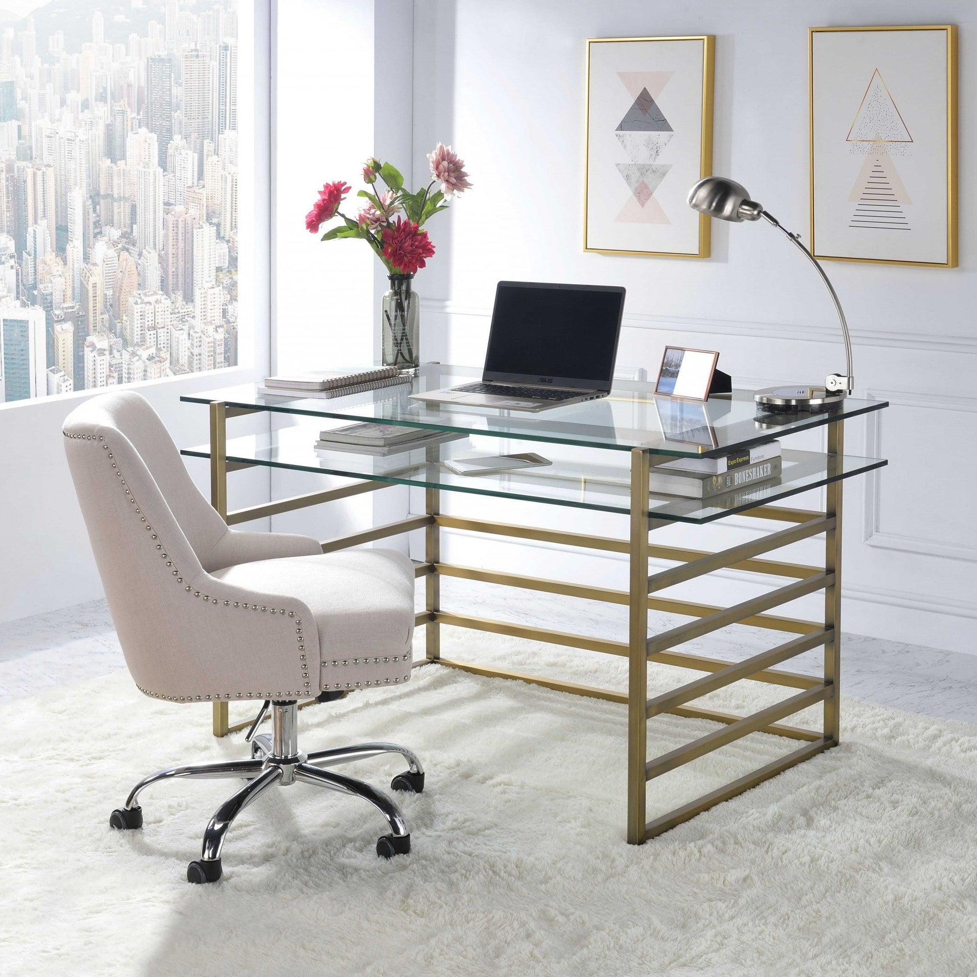 56" Gold Tiered Glass Desk