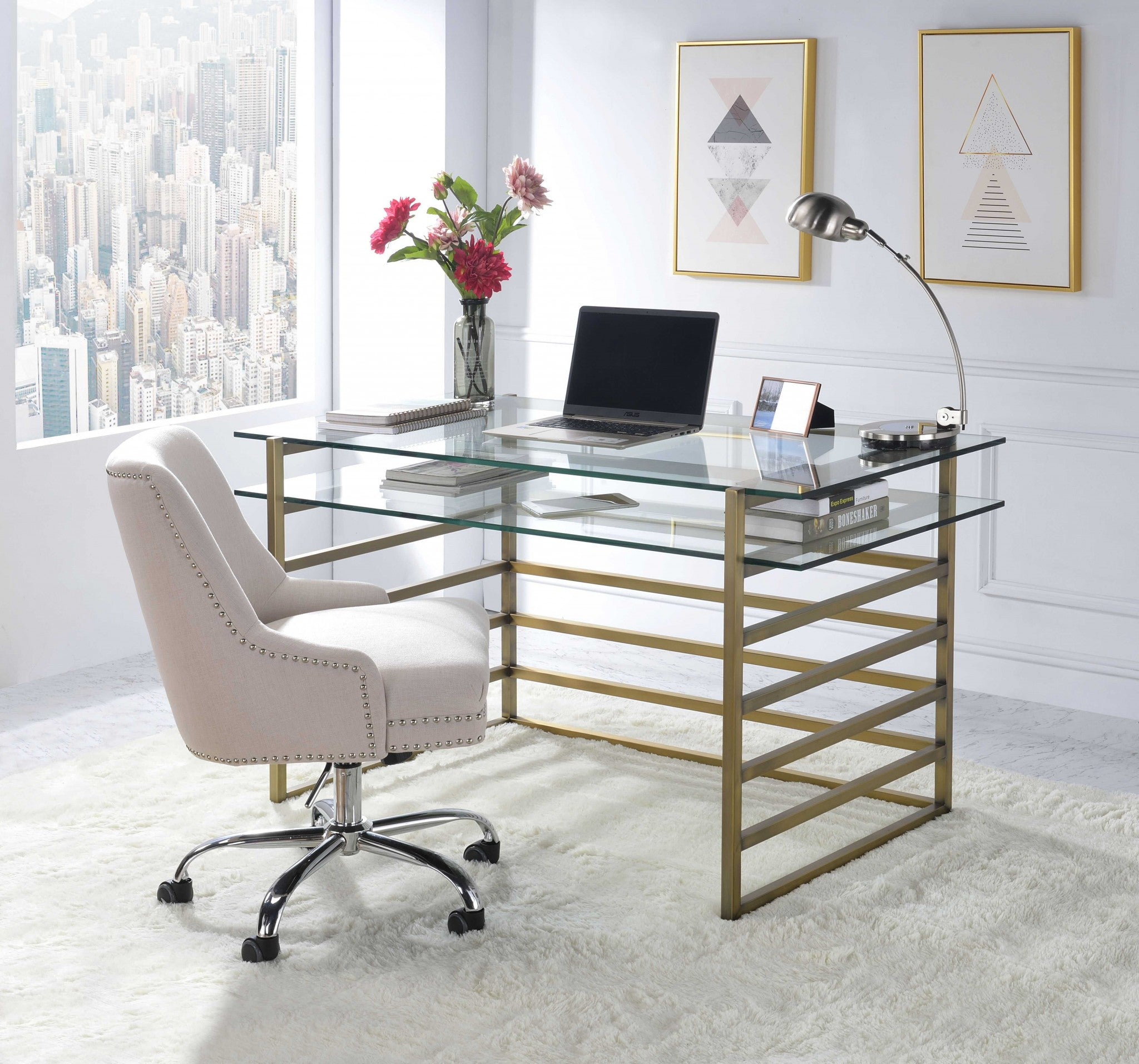 56" Gold Tiered Glass Desk