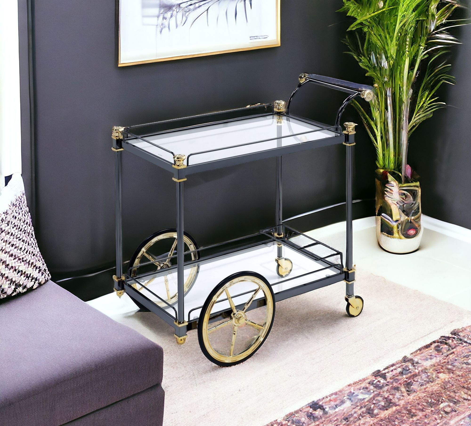 31" Black and Gold Wheel Bar Cart