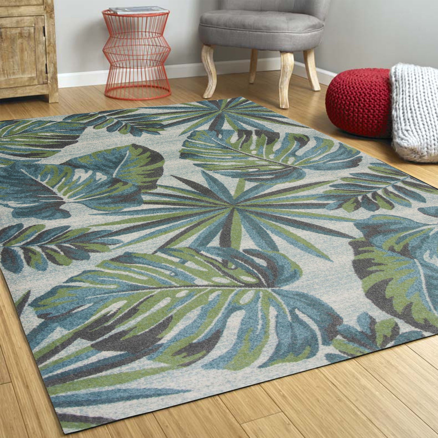 Teal and Green Palm Leaf Rug