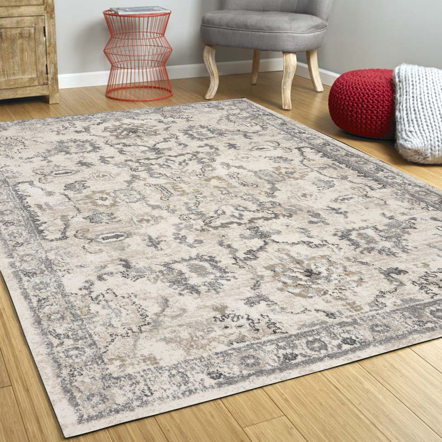 Ivory Distressed Floral Traditional Area Rug